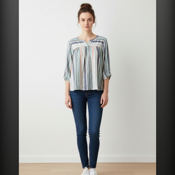 Knox Rose Women's Striped V-Neck 3/4 Sleeve Boho Rayon Blend Blouse - Picture 9 of 10